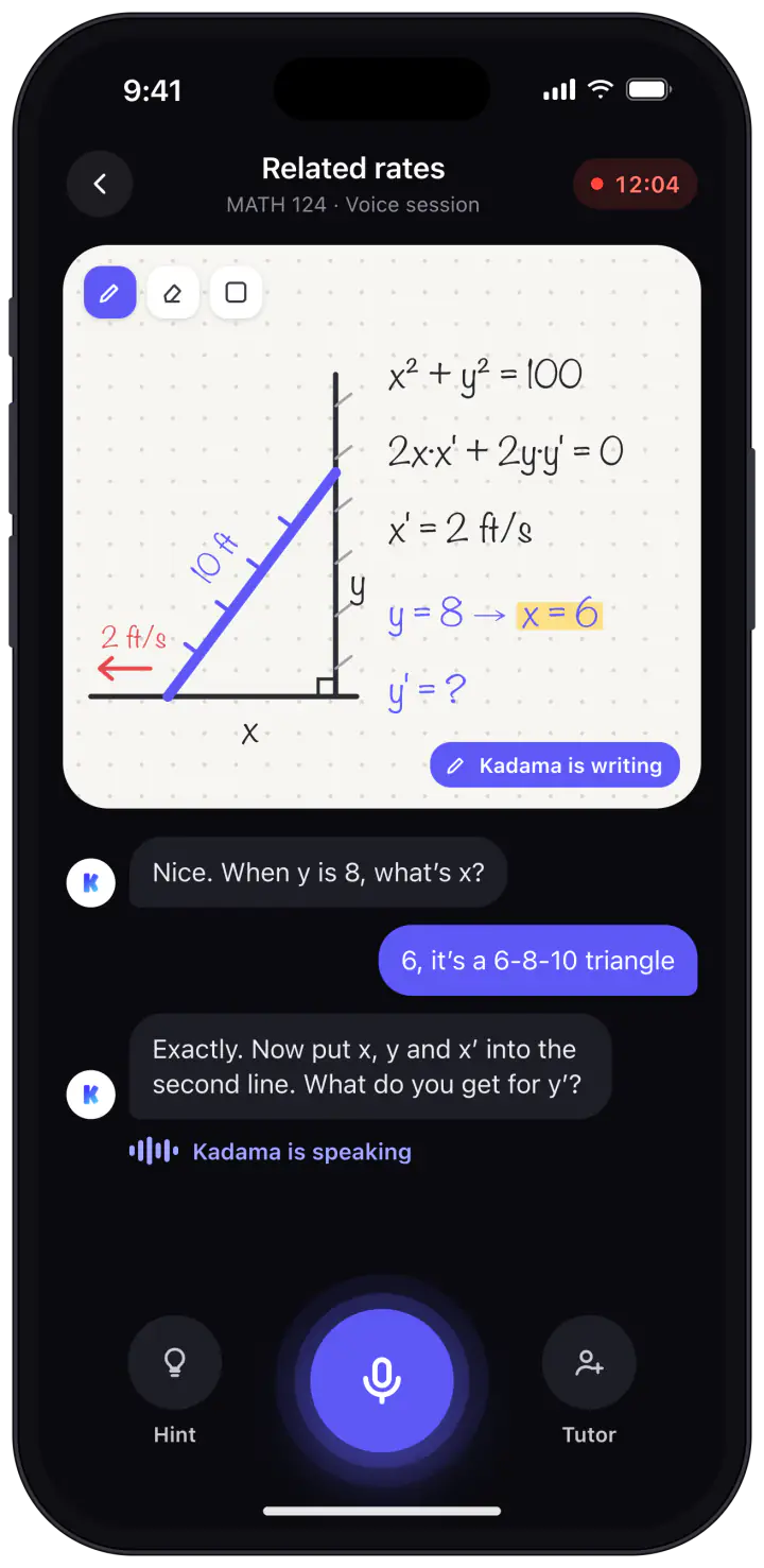Kadama AI voice session with a related-rates problem on the whiteboard